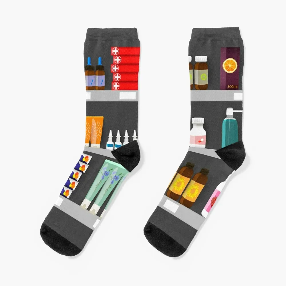 

Pharmacy shelves with medicine bottles, sprays and pills Socks sport floral christmas stocking Socks For Men Women's
