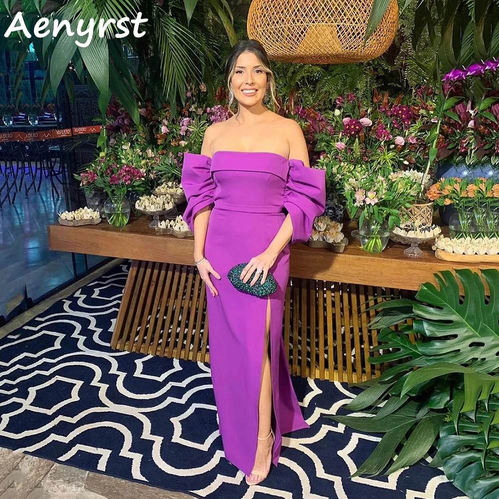 

Aenyrst Purple Off The Shoulder Satin Prom Dresses Straight Side Slit Cocktail Gowns Floor Length Party Dress Long فساتين السهرة