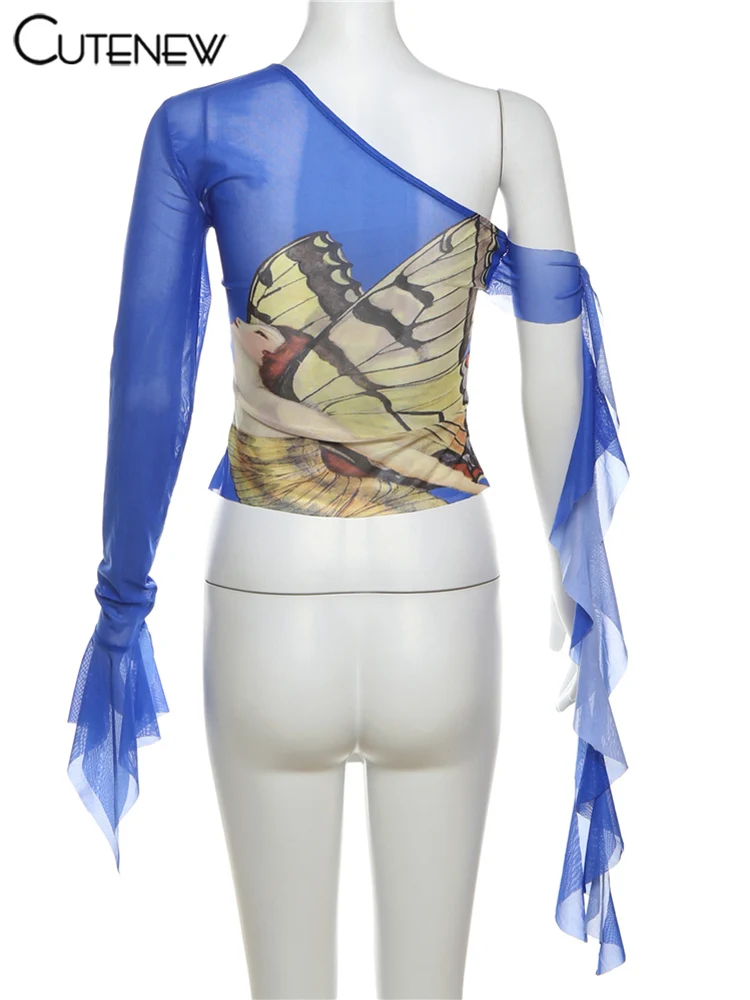 Tops de malla para mujer con estampado de mariposas, cintas en los hombros, camisetas finas y transparentes para fitness, camisetas urbanas de verano para mujer