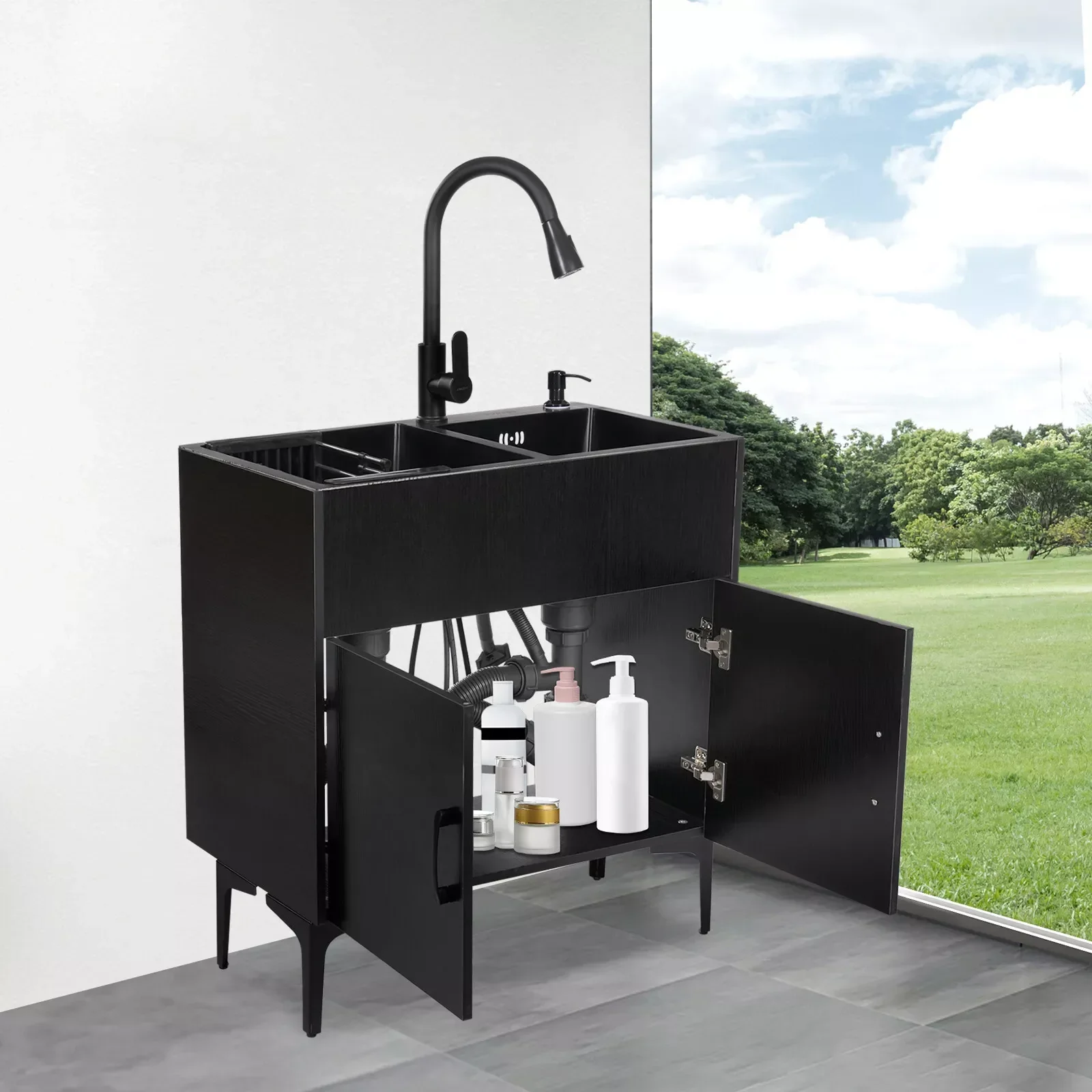 Laundry Sink Stainless Steel Utility Sink Cabinet with Sink with Flexible Faucet 2