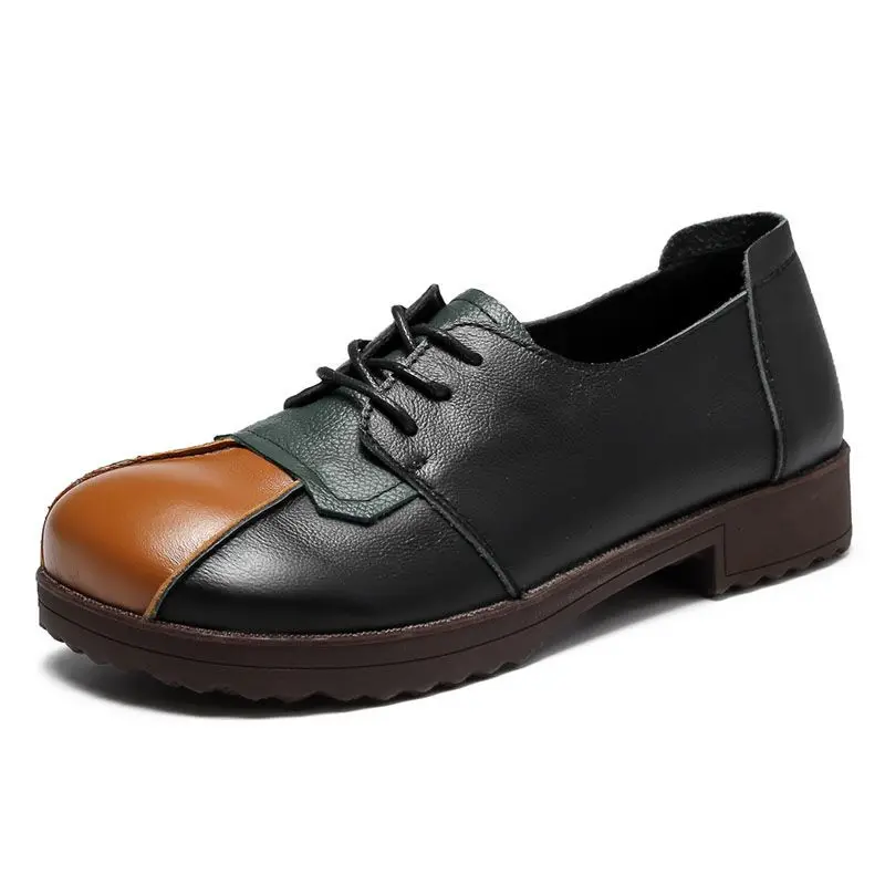 Genuine Leather Ballet Flats Women's Laced Up Oxords Shoes Vintage Low Heel Brogues Loafers women oxford shoes