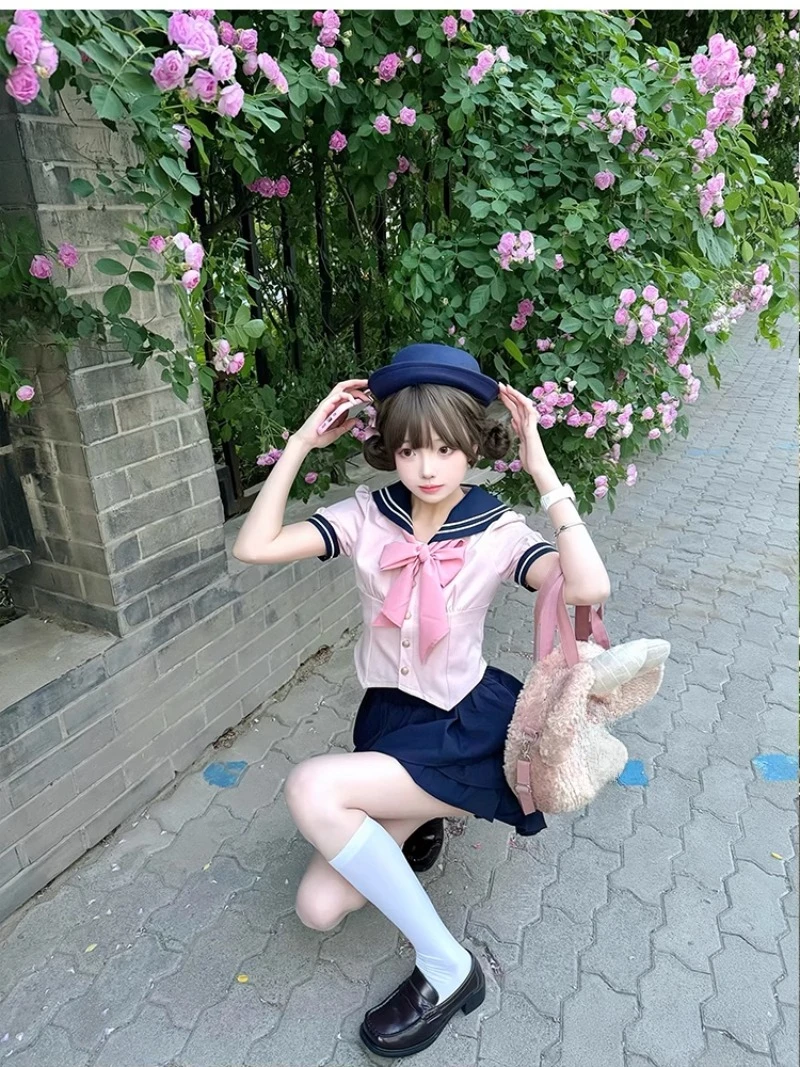 2024 New JK Lolita Uniform Preppy Style White Short-Sleeved Shirt Skirt Sailor Set Cute Waist-Tight Slimming Color Blocking Suit