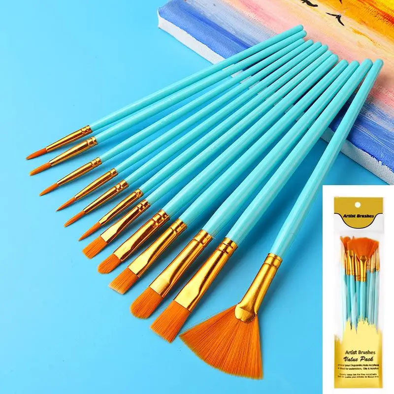 12Pcs Flat Nylon Bristle Brush Set Watercolor Oil Paint Fabric Painting Ideal For Art Students Hobbyists_voghion.com