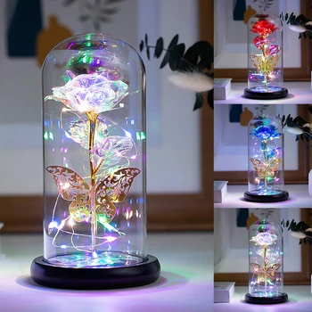 Lampada rosa galassia artificiale a luce rosa con farfalla e fiori di rosa a LED colorati in vetro Regali alimentati a batteria per il matrimonio 1