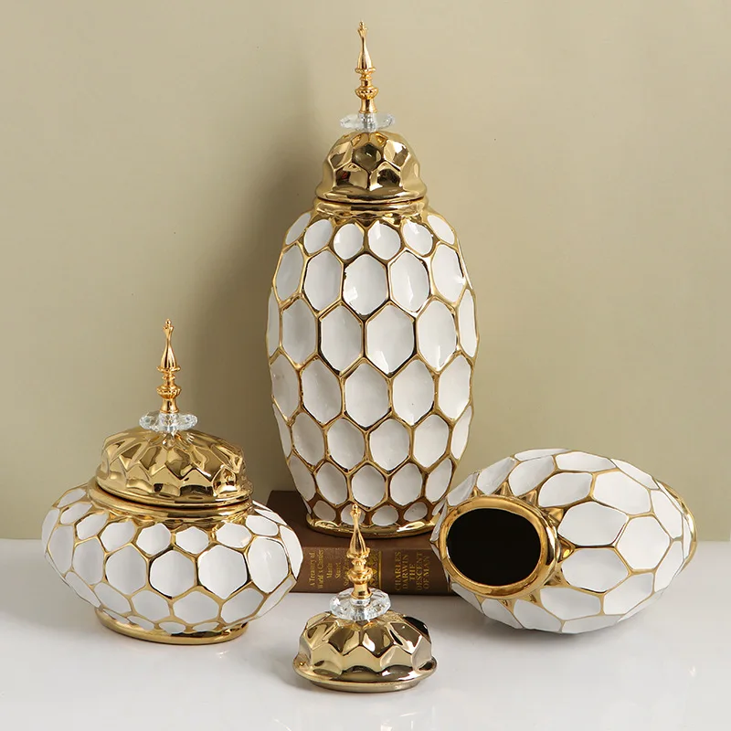 Ceramic Vase Porcelain Ginger Jar Gold Check Irregular Handicraft Storage Tank Flower Vase Home Decoration Accessories view 3