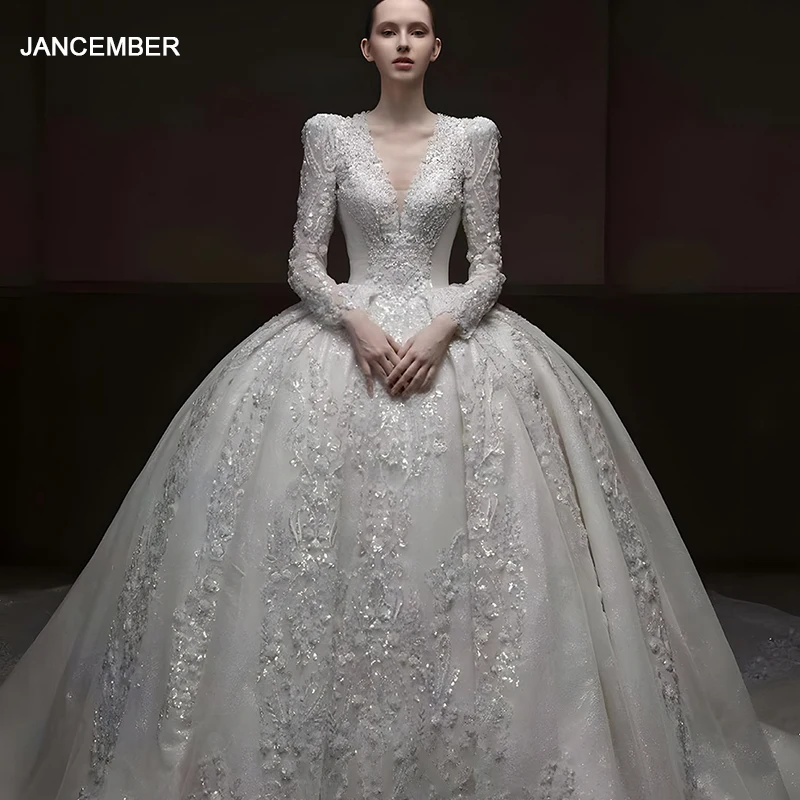 

Женское свадебное платье из органзы, с V-образным вырезом и длинными рукавами