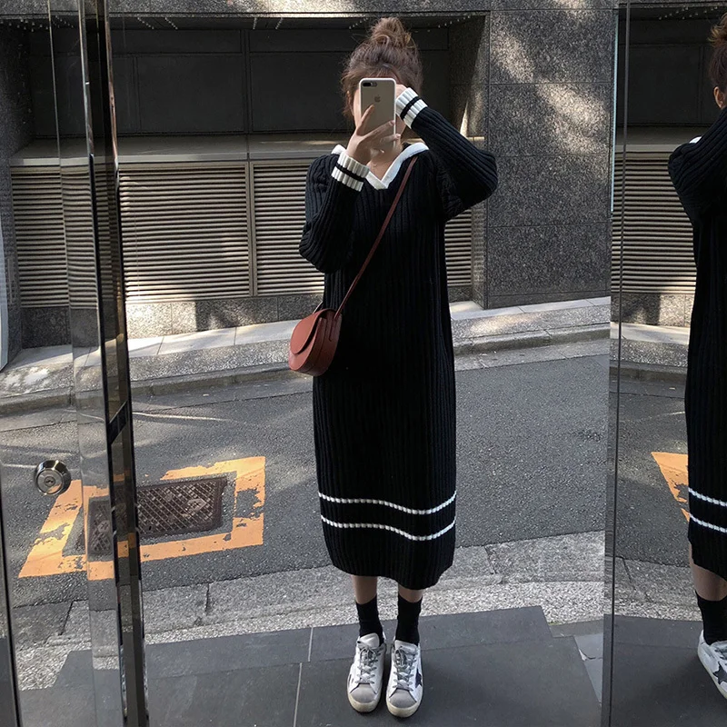 

Autumn Winter Women's Large Size Loose Knitted Dresses2023 New V-Neck Casual Loose Long Sleeve Sweater Dress Woman Clothing