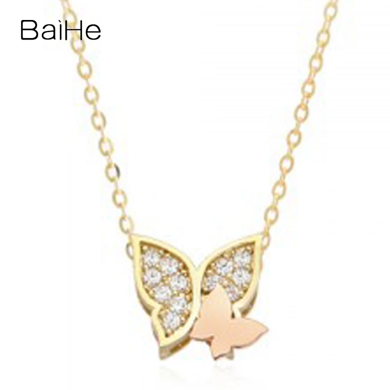 

BAIHE Real Solid 14K Yellow+Rose Gold H/SI Natural Diamond Heart Butterfly Necklace Women Trendy Fine Jewelry قلادة فراشة القلب