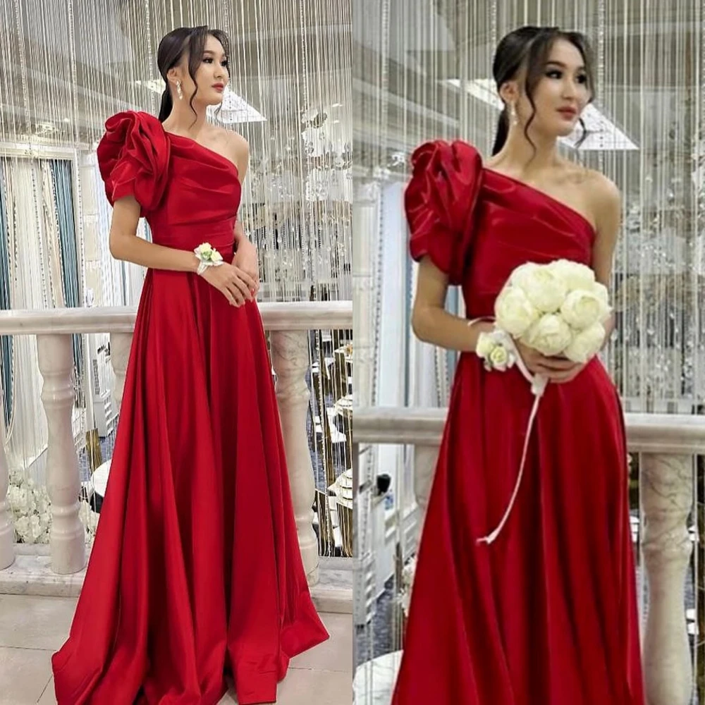 Prom Dress Saudi Arabia Satin Draped Flower Engagement A-line One-shoulder Bespoke Occasion Gown Long Dresses prom dress satin flower beach mermaid one shoulder bespoke occasion gown long dresses saudi arabia