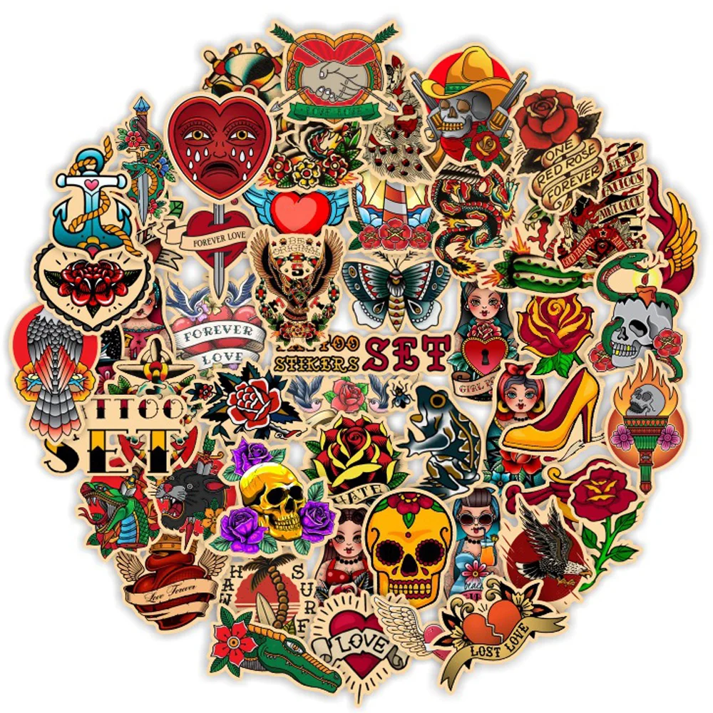 

10/30/50/100pcs Retro Old School Tattoo Waterproof Stickers Skateboard Laptop Bike Motorcycle Cool Graffiti Sticker Decal Toy