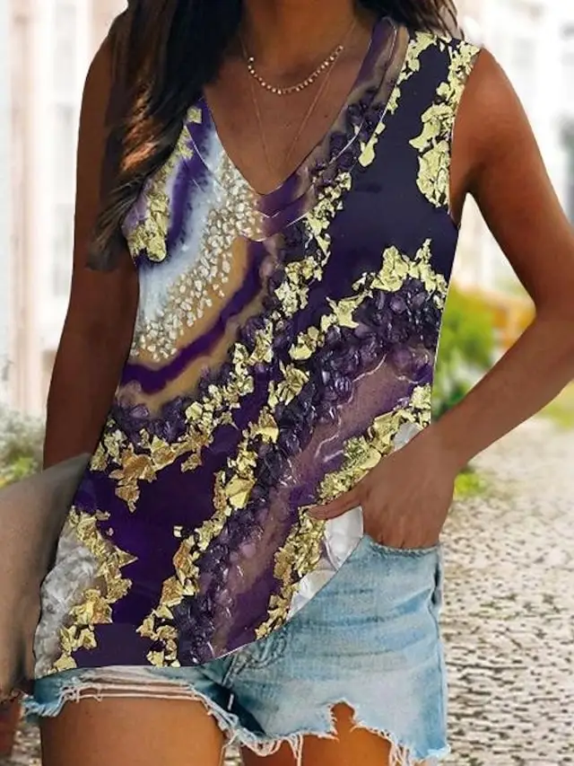 Women Tank Tops Summer Color Rendering 3D Print Oversized V-Neck Vest Off Shoulder Sleeveless