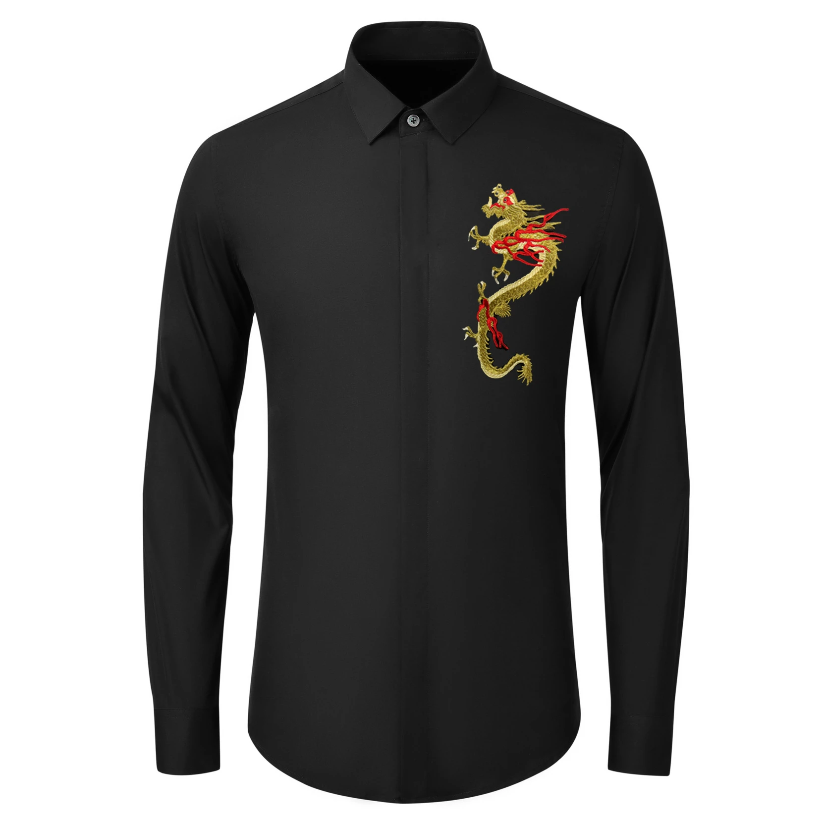 Luxury Dragon Embroidered Shirts Men Long Sleeve Casual Business