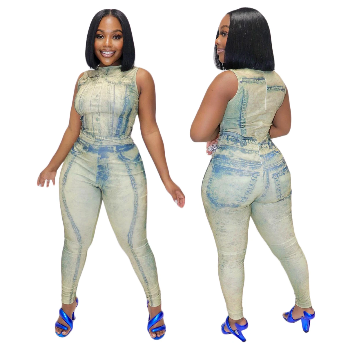 QIWN Summer Women's Trend Denim Printed Sleeveless Zipper Women's Jumpsuit High Street Clothing