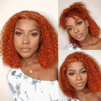 Short Bob Wig T Part Human Hair Wig Ginger Orange 13x6x1 Deep Curly T Part Lace Wig Curly Human Hair Bob Wigs For Black Women