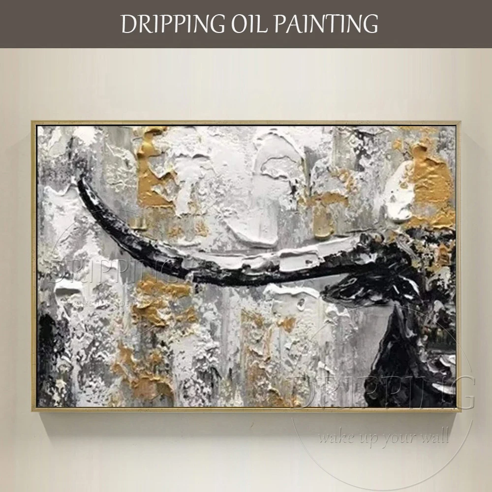 

Thick Oil Paints Abstract Animal Bull Oil Painting on Canvas Modern Wall Art Acrylic Knife Longhorn Painting for Live Room Decor