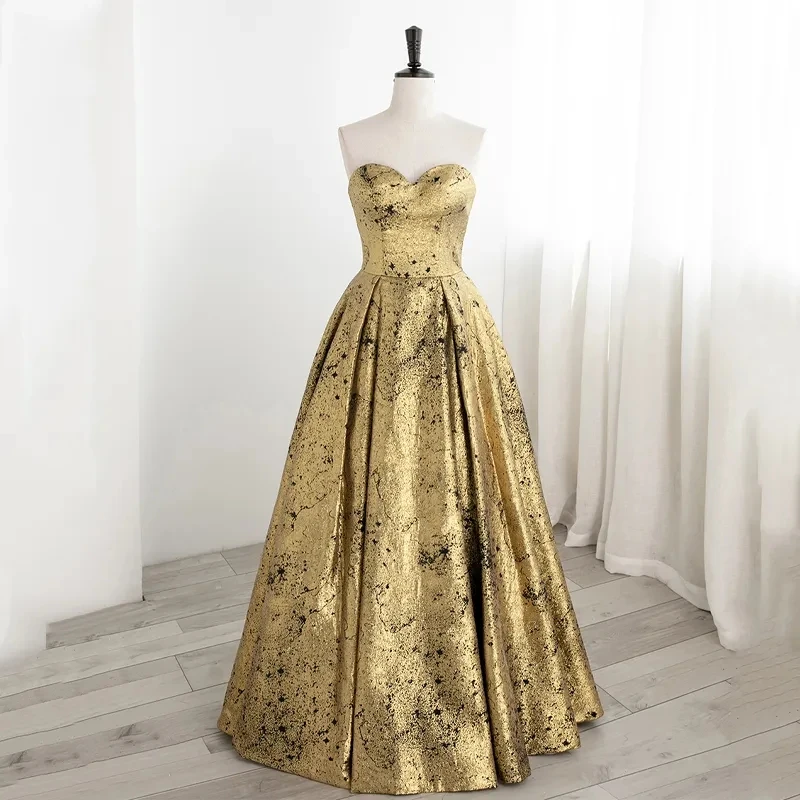 

Elegant sequin back lace up floor mop sleeveless A-line strapless minimalist gold oversized women's party evening dress
