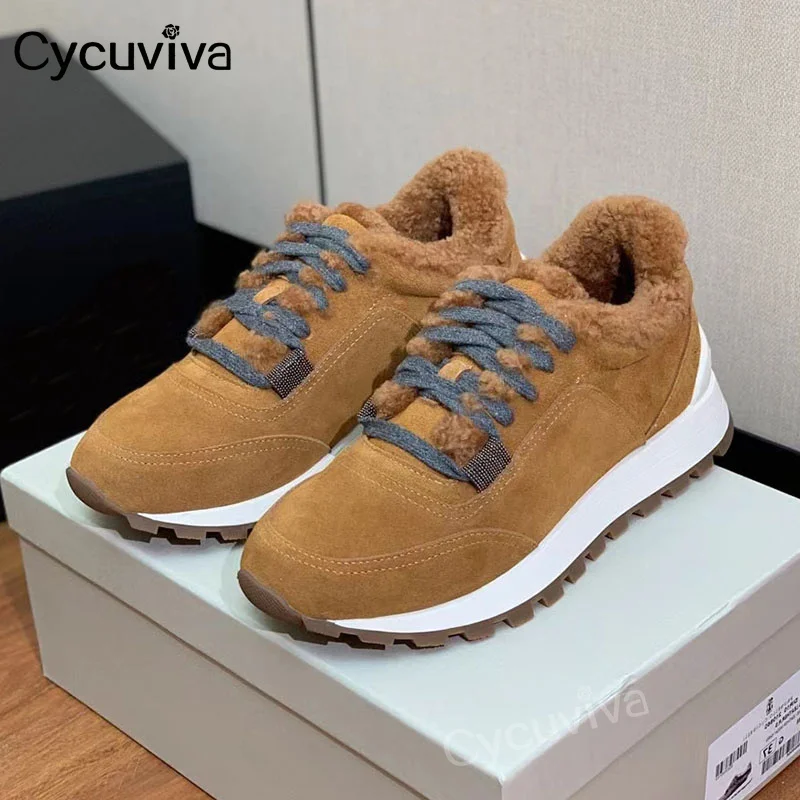 

Cycuviva Winter Wool Flat Platform Women Sneakers Suede Leather Tennis Shoes Warm Thick Sole Casual Fur Daddy Shoes For Women