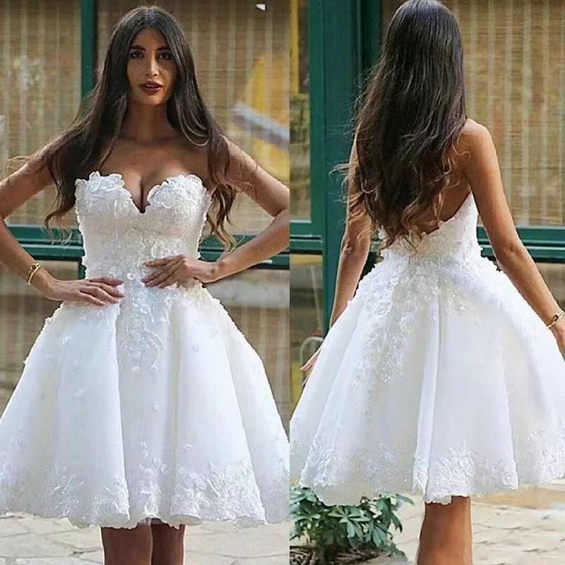 

ANGELSBRIDEP White A Line Wedding Dresses for Bride Short Sweetheart Sleeveless Handmade Florals Bridal Gowns Robe De Mariee NEW