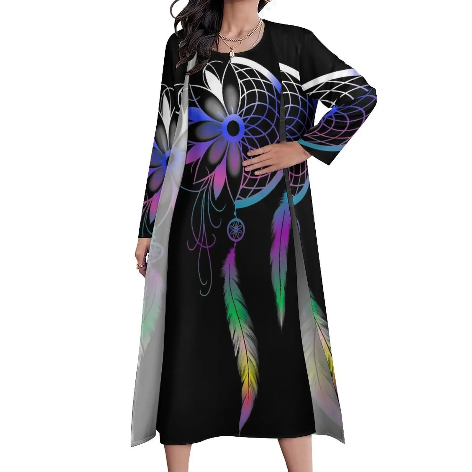

Color Dream Catcher Dress Feather Print Party Maxi Dress Aesthetic Bohemia Long Dresses Autumn Two Piece Custom Vestido Big Size