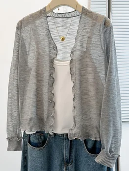 Women Thin Long Sleeve Knitted Cardigan Spring Summer Short Style Sun Protection Air-Conditioning Shirt Casual Fashion Shawl Cov 1