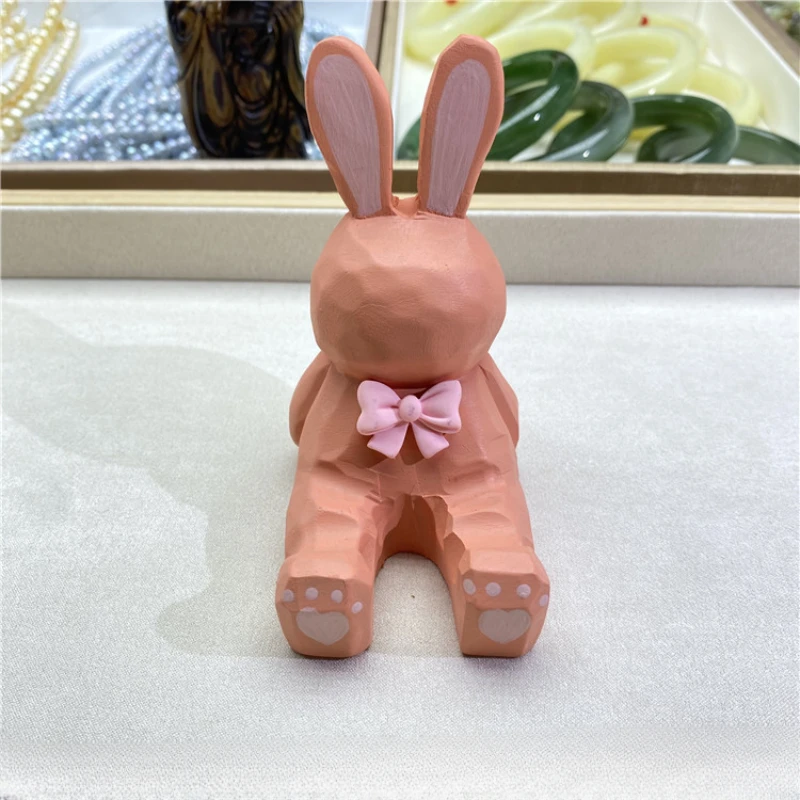 

Natural wood carving painted rabbit small decoration mobile phone stand wooden table sculpture desk decoration accessories