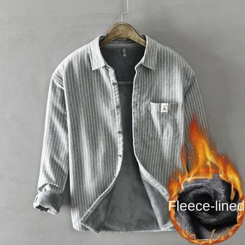 Autunno Inverno Uomo Casual Strisce verticali Plus Camicia in velluto Manica lunga in cotone Comodo top quotidiano Camicie abbottonate Cappotto 1