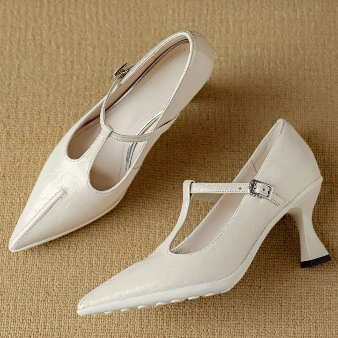 Women's genuine leather pointed toe metal buckle slip-on t-strap pumps elegant ladies 7.5cm thin high heeled daily dress shoes photo