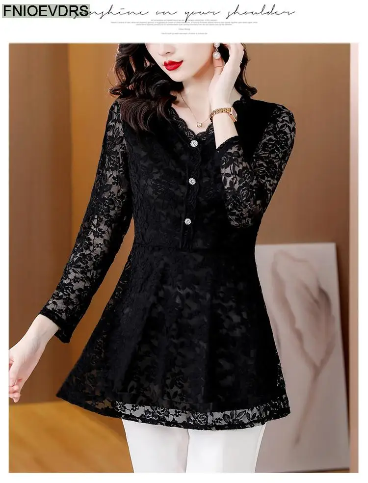 M-4XL 2023 Women Hot Sales Elegant Office Lady Work Button Black Lace Shirt Casual Belly A Line Tunic Peplum Tops And Blouses