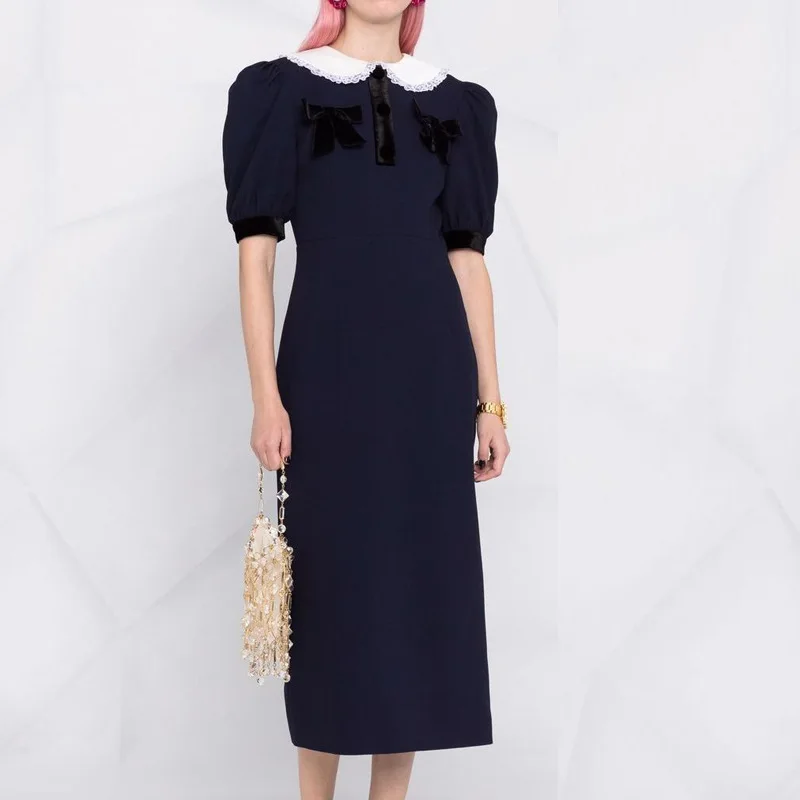 

Dress For Women 2024 New Summer Suffled Peter Pan Collar Slim High Waist Casual Puff Sleeve Maxi Robe