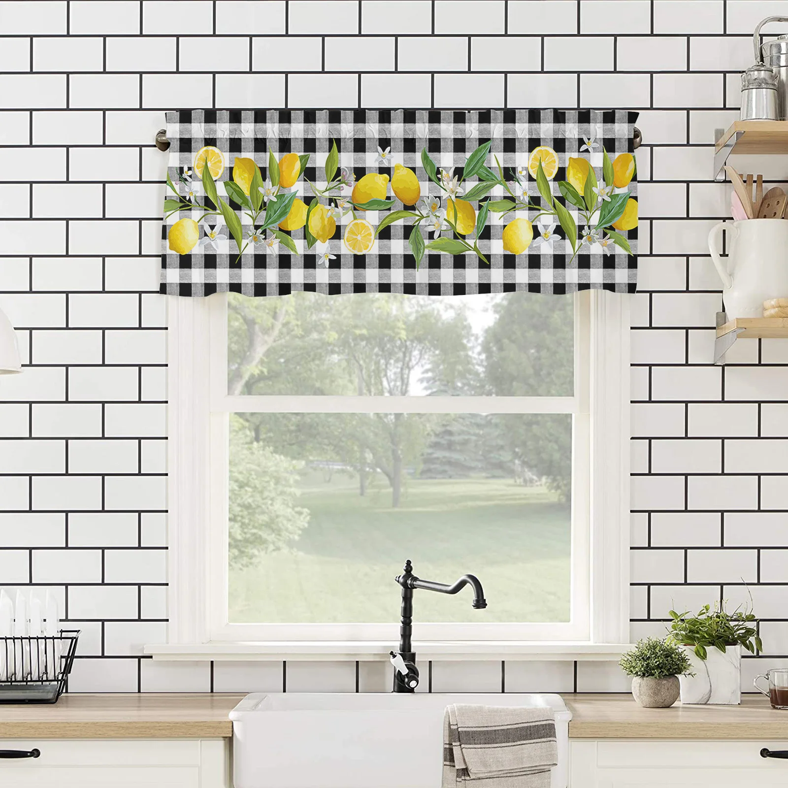 ZEDLIYU Valances for Windows Kitchen Living Room Small Window Valance Lemon Black and white checked short curtains 54 x 18 Inch 4
