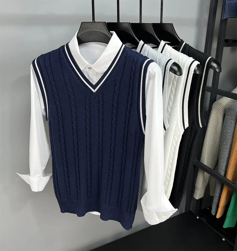 Men Spring Autumn New Solid Color Knit Vest Mens Fashion Casual Sweater Waistcoat Male Slim Pullover Sleeveless Tops K479