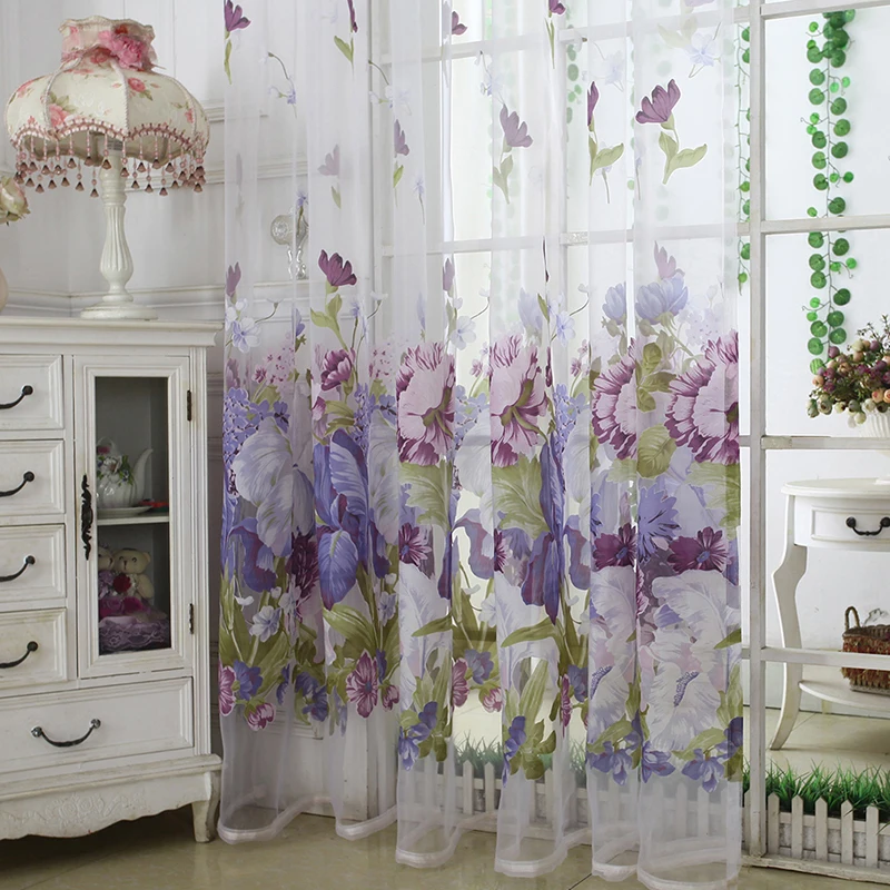 Sheer Window Curtains Peony Flower Printed Polyester Tulle 1Pc