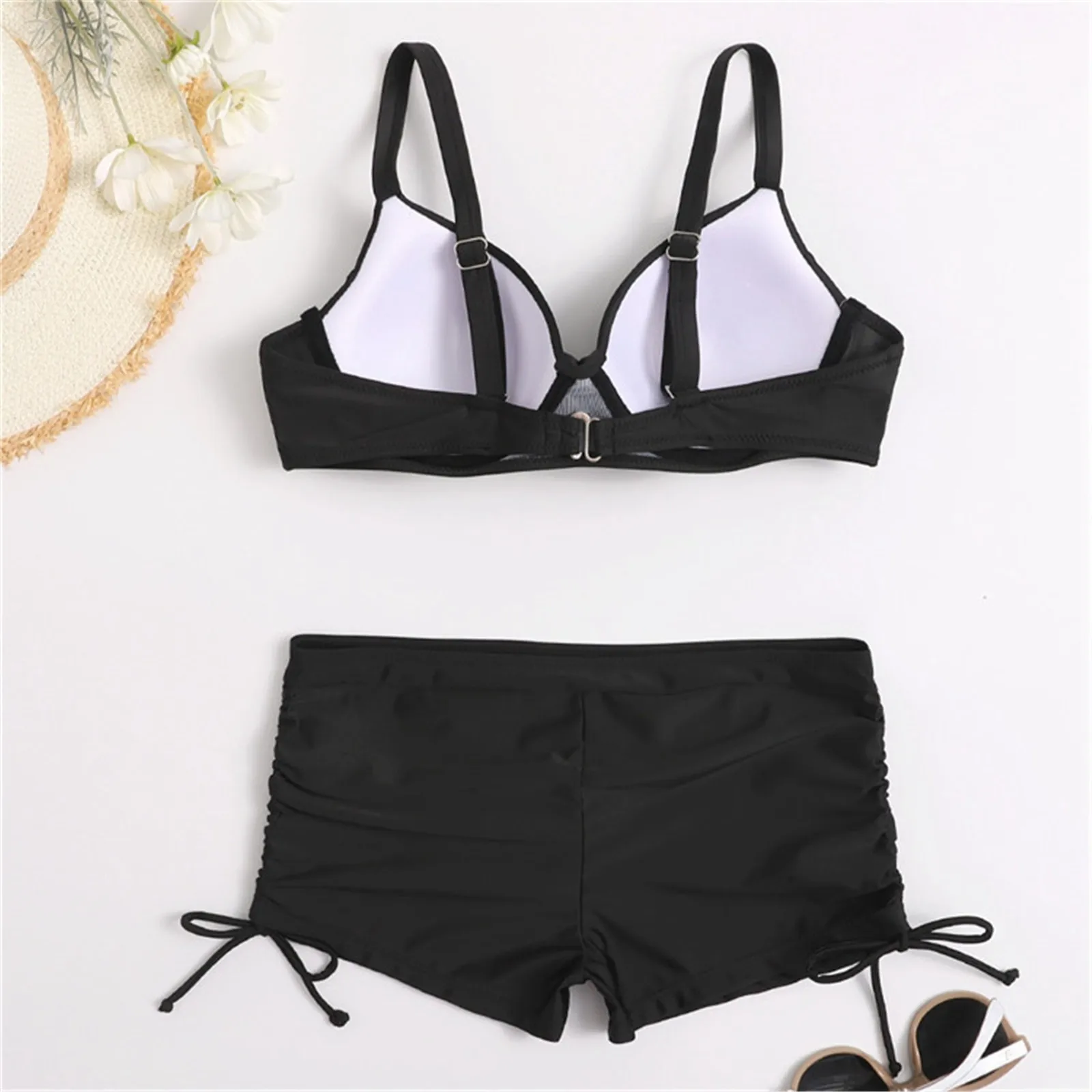 2pcs Women Swimsuits Solid Color Swimwear Push Up Beachwear Padded Bikini Split Swimsuit Two Pieces Beachwear Summer Swim Suit
