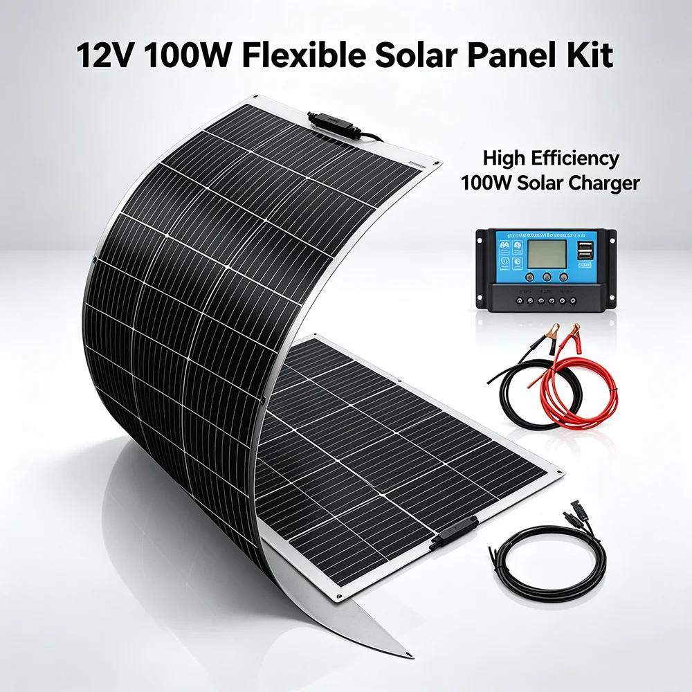 XINPUGUANG Kit de panneau solaire flexible 12V 100W, chargeur solaire à haute efficacité pour camping-car, bateau, batterie de camping 1