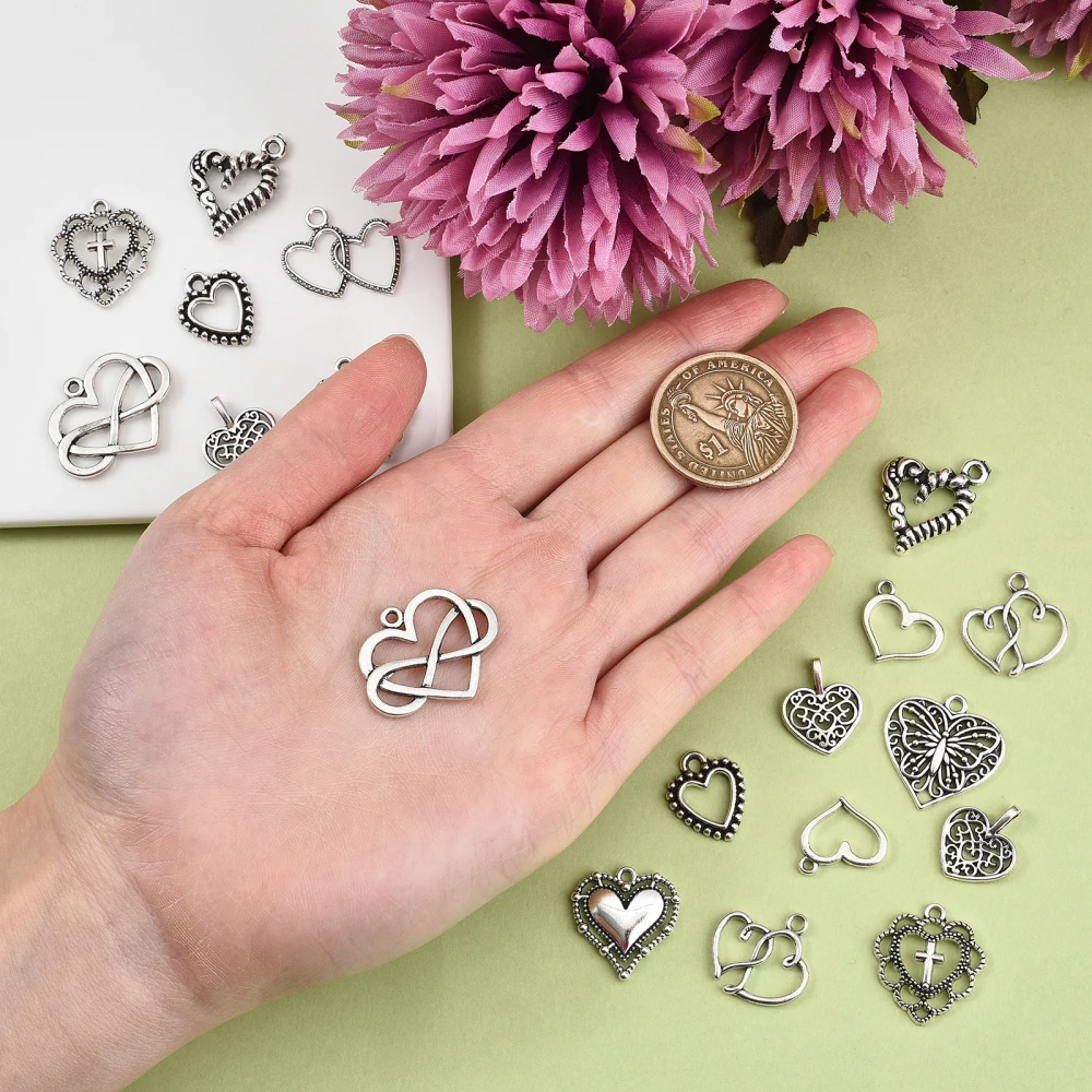 PandaHall 100Pcs 10Style Tibetan Style Love Heart Charms Antique Silver Heart Charms for Jewelry Making Bracelets Necklace