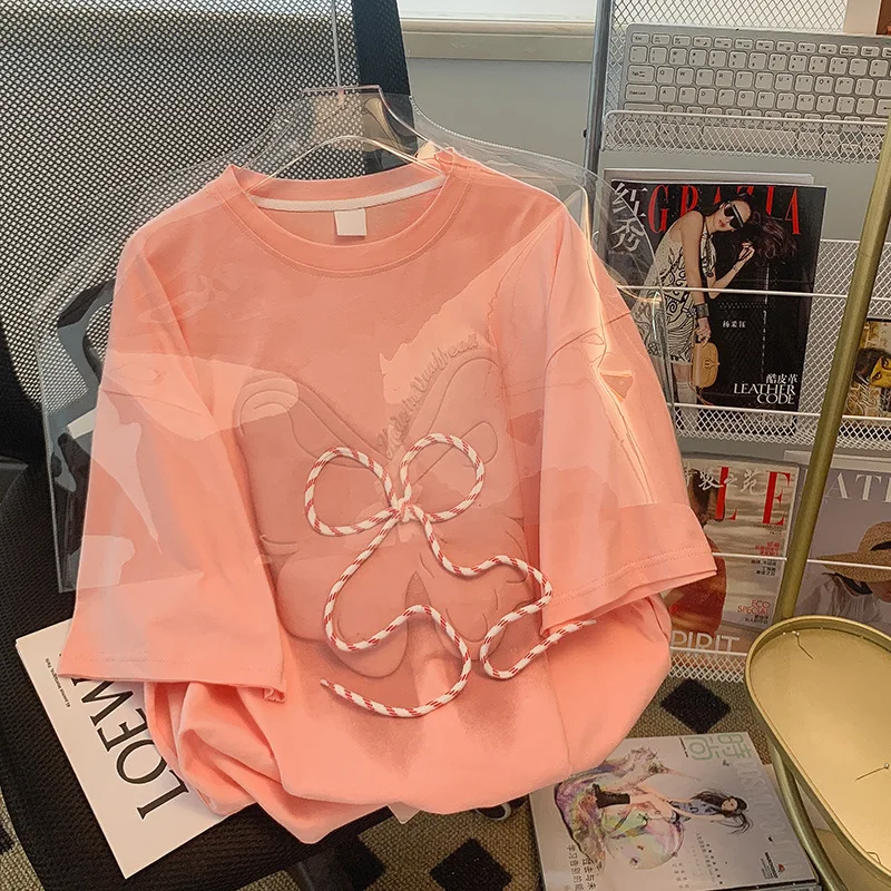

High Quality Pure Cotton Summer 2022 Mid-Length Three-Dimensional Decorative Round Neck New Top Short-Sleeved T-Shirt Women
