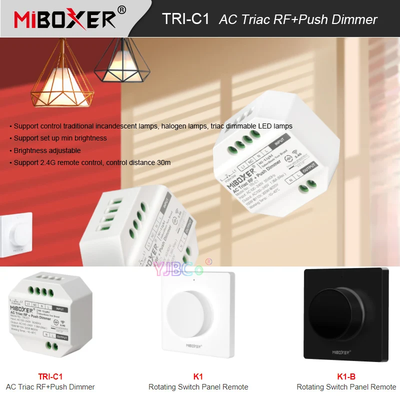 

Miboxer LED Triac RF Push Dimmer Controller TRI-C1 110V 220V AC 2.4G RF Remote Switch work with K1 Rotating switch panel remote