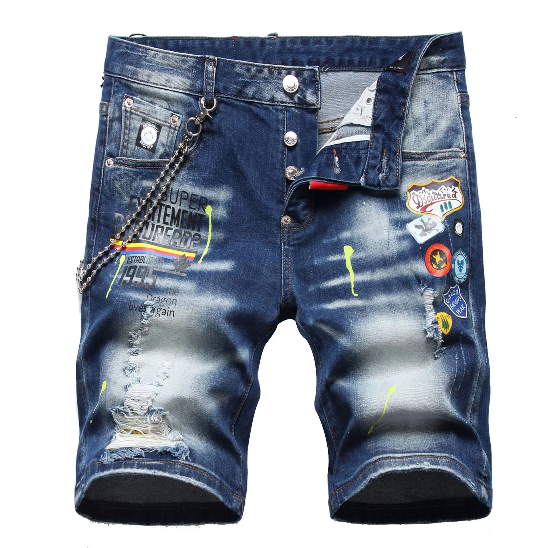 New summer ripped and painted denim shorts men thin wear fashionable five quarter pants fashion hot picture