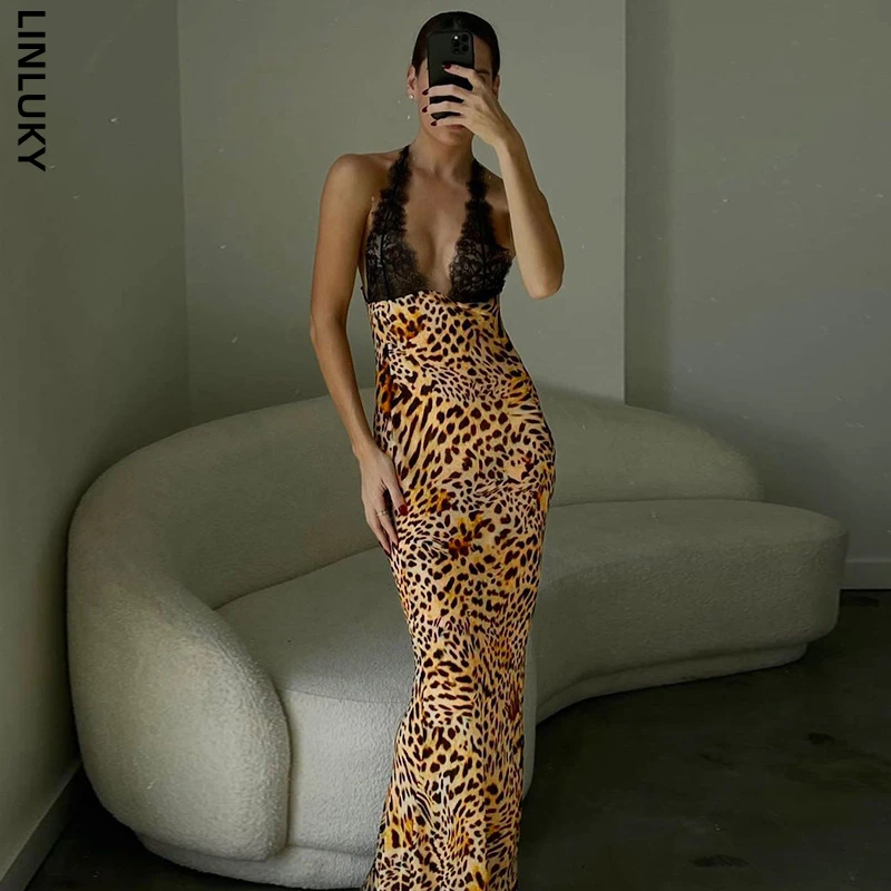 

Sexy Deep V-neck Lace Patchwork Printed Drawstring Dress For Women Backless Holiday Club Party Long Dresses Woman Clothing