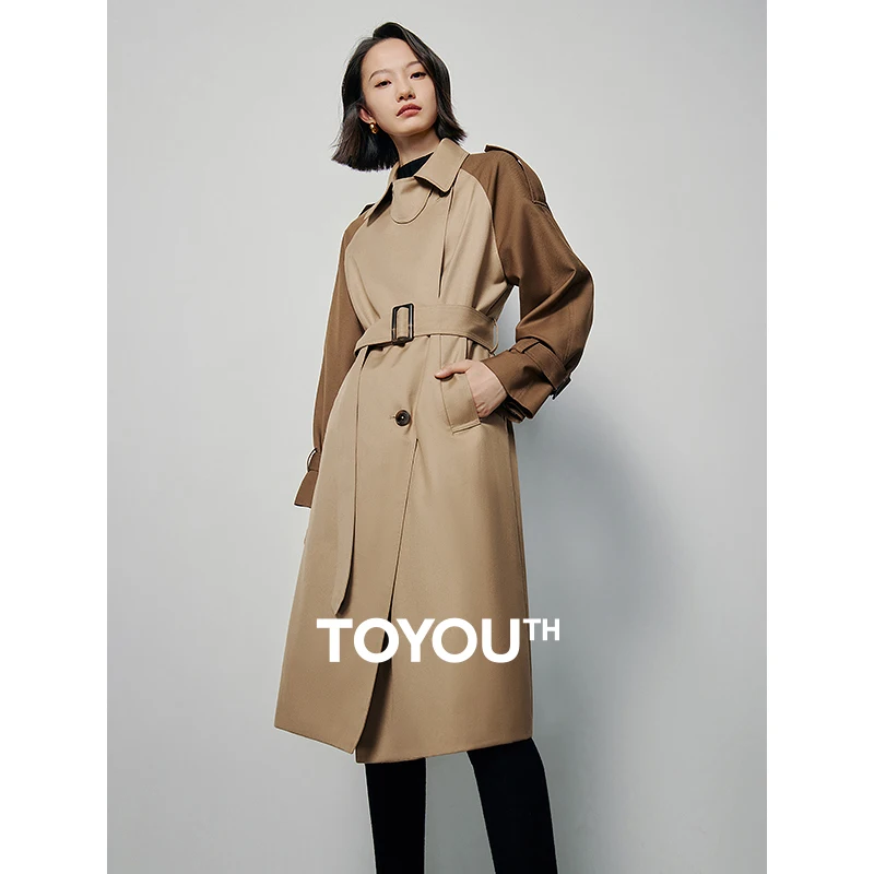 

Toyouth Women Trench Coat 2024 Spring Long Sleeve Lapel Loose Windbreak Contrasting Colors Fashion Advanced Khaki Long Outwear