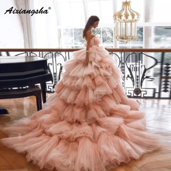 Aixiangsha Princess Pink Strapless Tiered Pleat Tulle Ball Gown Sash Evening Dress Prom Gown Special Occasion Vestido De Novia 1