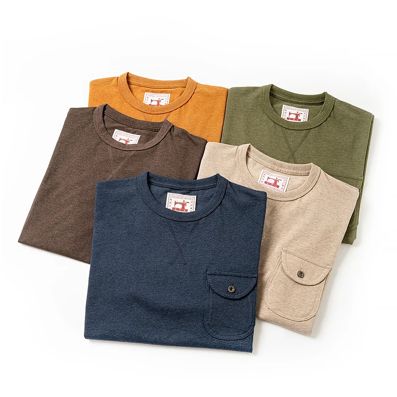 Retro Japanese Sle ort Sve T-irt Pure Cotton Yarn Proc Heavyweight 240g Basic round Ne ket T-irt