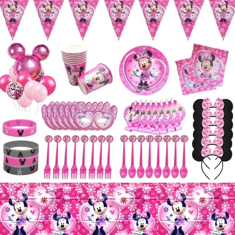 disney minnie mouse theme kids girl birthday party decoration disposable tableware set cup plate napkins pennant balloon favor disposable party tableware aliexpress