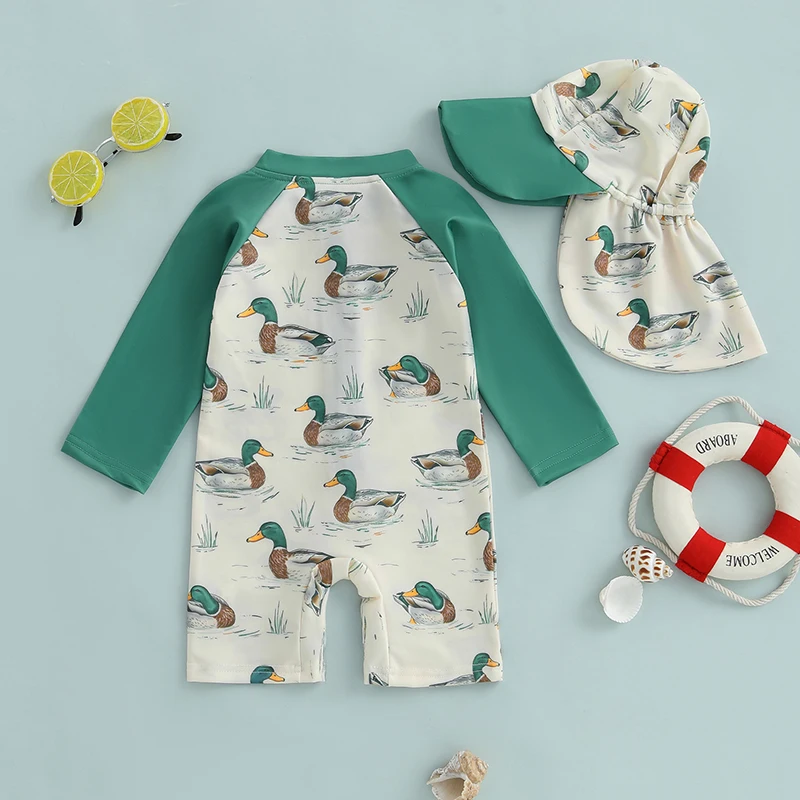 Kids Swimsuits Toddler Kids Boy Rash Guard Swimsuit with Hat 2 Pcs Set Duck Printed Zip Up Long Sleeve Crew Neck Baby Boy Swimwears