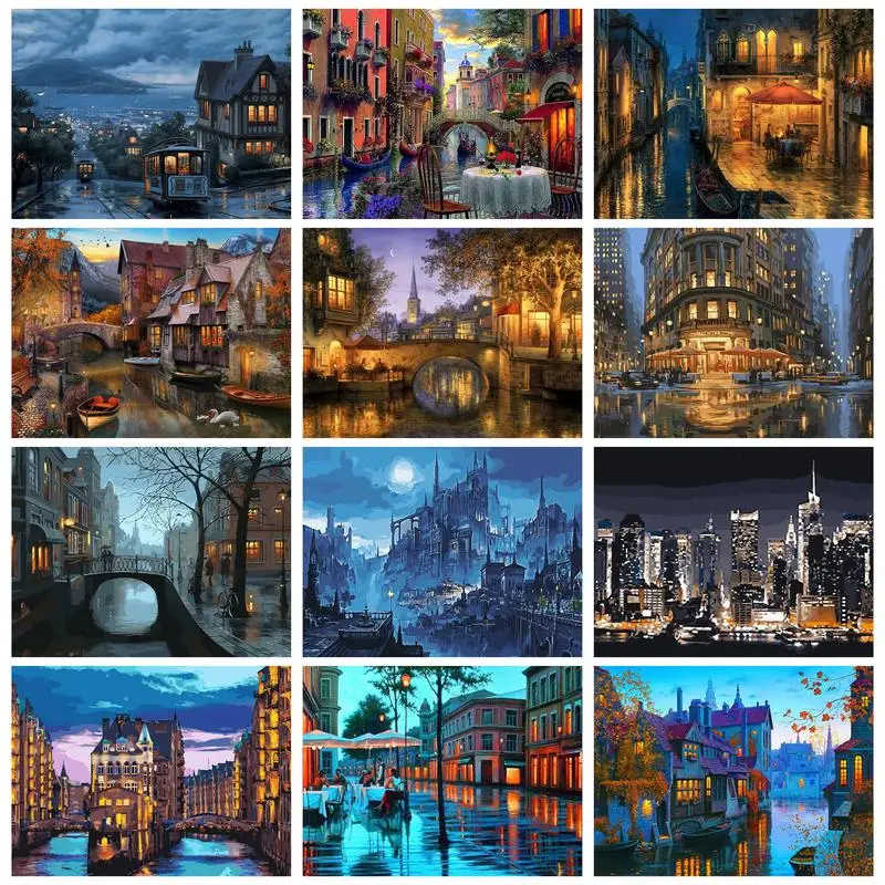 PhotoCustomWithFramePaintByNumbersAdultsUrbanNightSceneryDiy