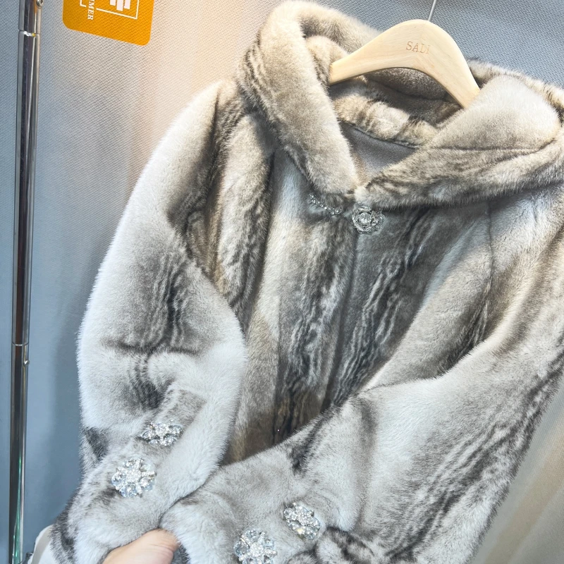 2023 New European Mink Composite One-Piece Coat Jacket Women's Mid-Length Fashion Stylish Mink Leather Faux Fur Outwear Hooded