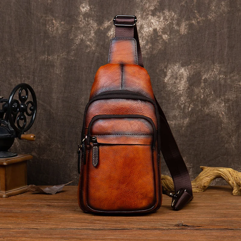 

Vintage Genuine Leather Men's Chest Bag Luxury Cowhide Crossbody High Quality Male Shoulder Messenger Bag Business Sling Bag