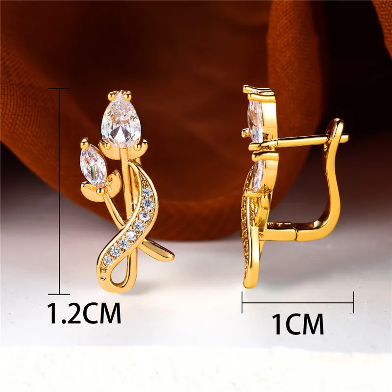 Luxury Female White Zircon Stone Flower Clip Earrings Yellow Gold Color Wedding Jewelry For Women