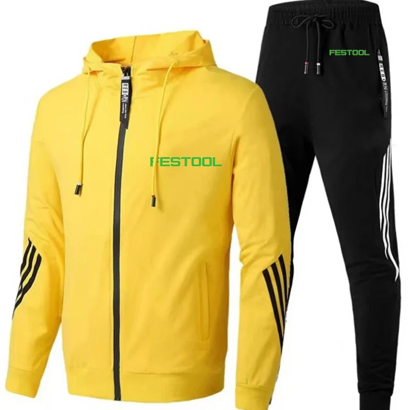 Festool 2023 men's new sportswear spring and autumn striped zipper hooded jogging pants sports popular printing two-piece suit