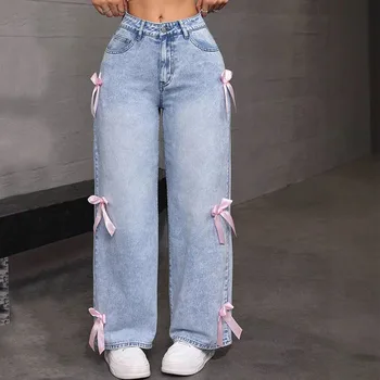 2025 Luxury Women's Jeans Street Chic Street Style Bowknot Design Washed Denim Pants Loose Straight Wide Leg Pants For y2kk 1